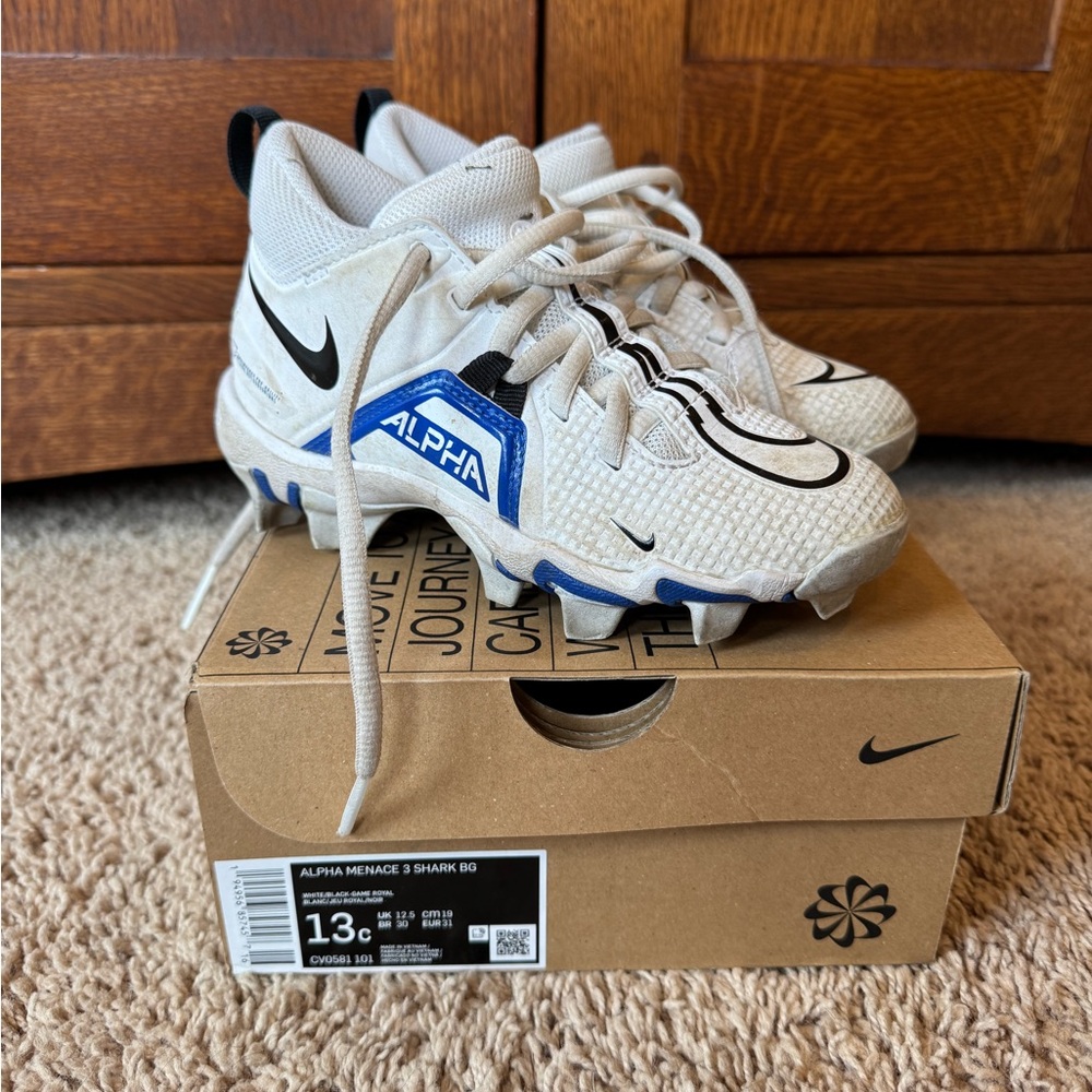 Nike Alpha Menace 3 Shark BG Kids Cleats Shoes - White and Blue